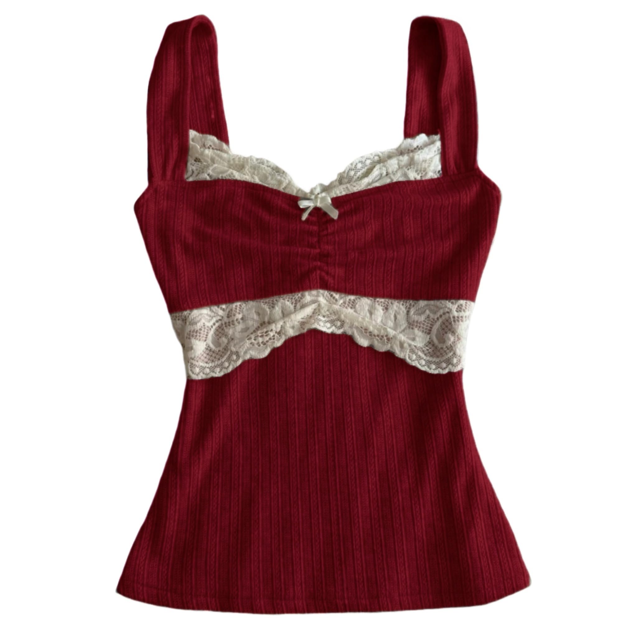 Photo 1 of Women Fairy Grunge Tank Tops Vintage Aesthetic Lace Trim Cami Shirt Slim Fit Knit Ribbed Coquette Clothes (Wine Red, S)