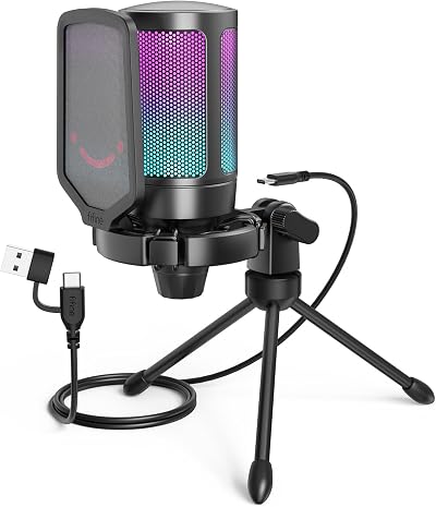 FIFINE Gaming USB Microphone RGB Condenser with Tap-to-Mute Shock Mount Pop