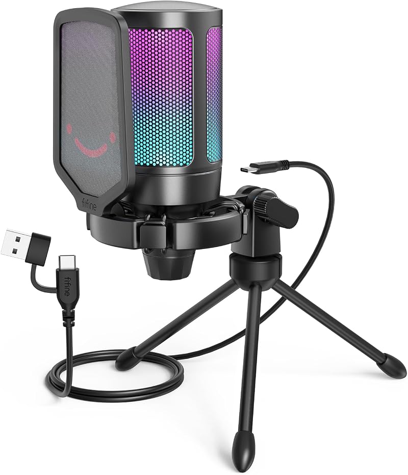 FIFINE Gaming USB Microphone RGB Condenser with Tap-to-Mute Shock Mount Pop