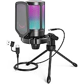 FIFINE Gaming USB Microphone for PC PS5, Condenser Mic with Quick Mute, RGB Indicator, Tripod Stand, Pop Filter, Shock Mount,