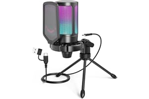 Fifine USB Gaming Microphone for Computer PC PS5, RGB Condenser Mic with Quick Mute, Gain Control, Tripod Stand, Pop Filter, 