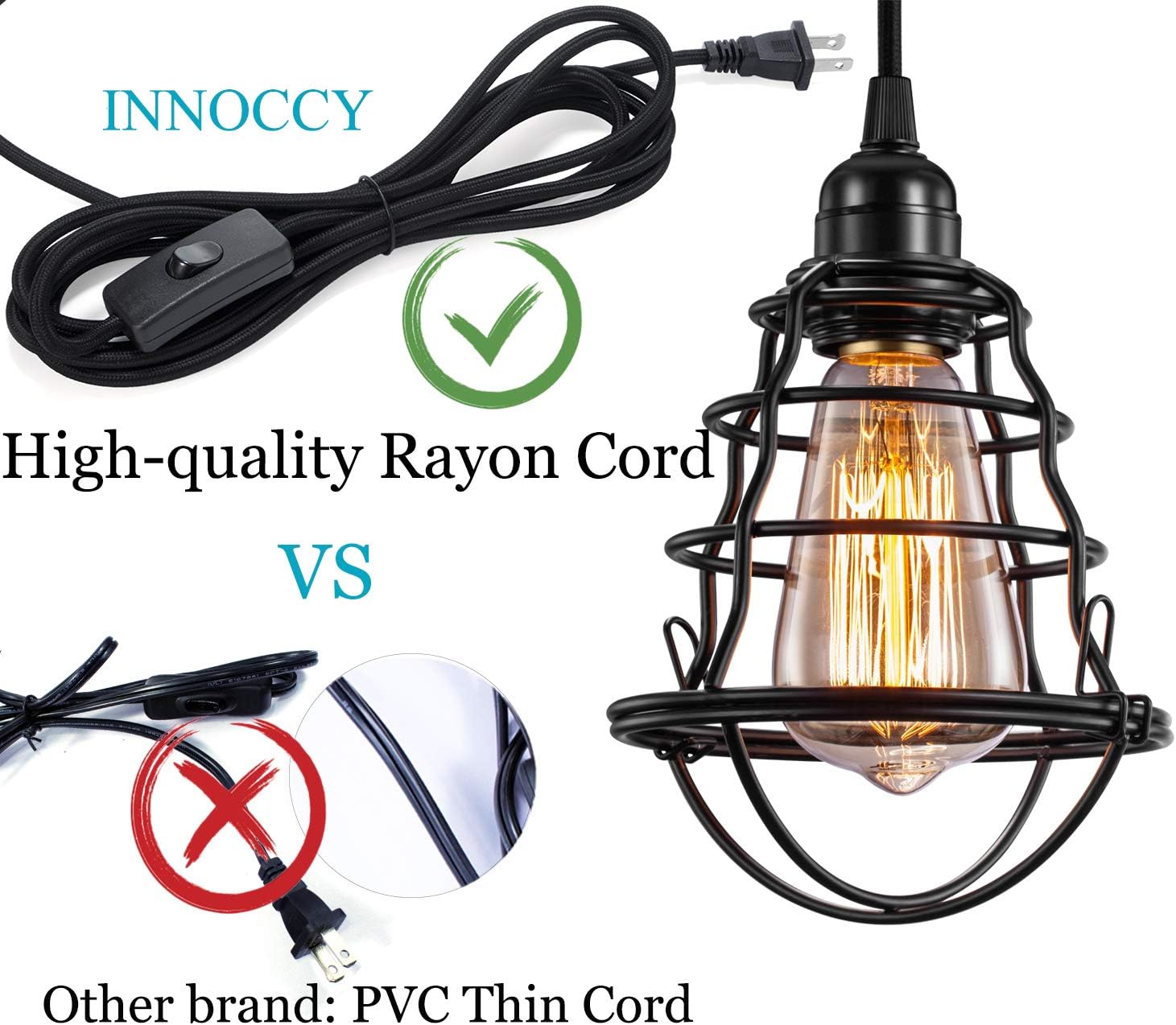 INNOCCY Industrial Plug in Pendant Light Vintage Hanging Cage Pendant Lighting E26 E27 Mini Pendant Light Edison Plug in Light Fixture On/Off Switch - - 