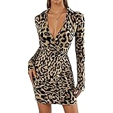 QIANZHIDU Women's Leopard Collar Deep V Neck Long Sleeve Bodycon Mini Club Dress