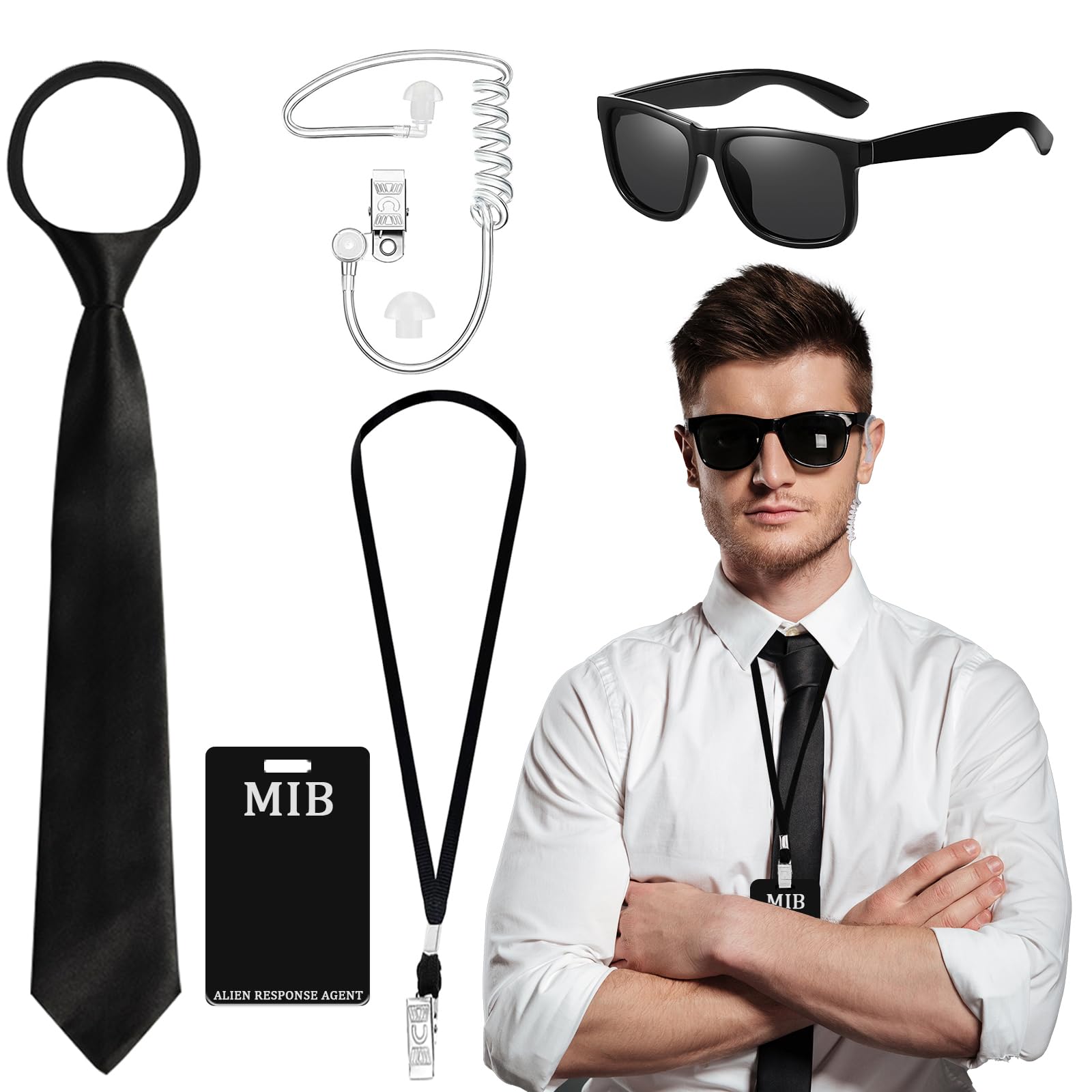 Glirop 4PCS Agent Costume Accessories Set, Secret Security Guard Outfit Kit with Thin Frame Glasses Necktie Earpiece ID Badge for Teens Adults Christmas Halloween Cosplay Party Props
