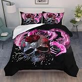 AILONEN Sugar Skull Comforter Set Queen Size, 3D Skull Bedding Set for Boys Girls,Fog Skeleton Pink Roses Bed in a Bag 3PCS,1 Comforter with 2 Pillowcases,Soft and Lightweight