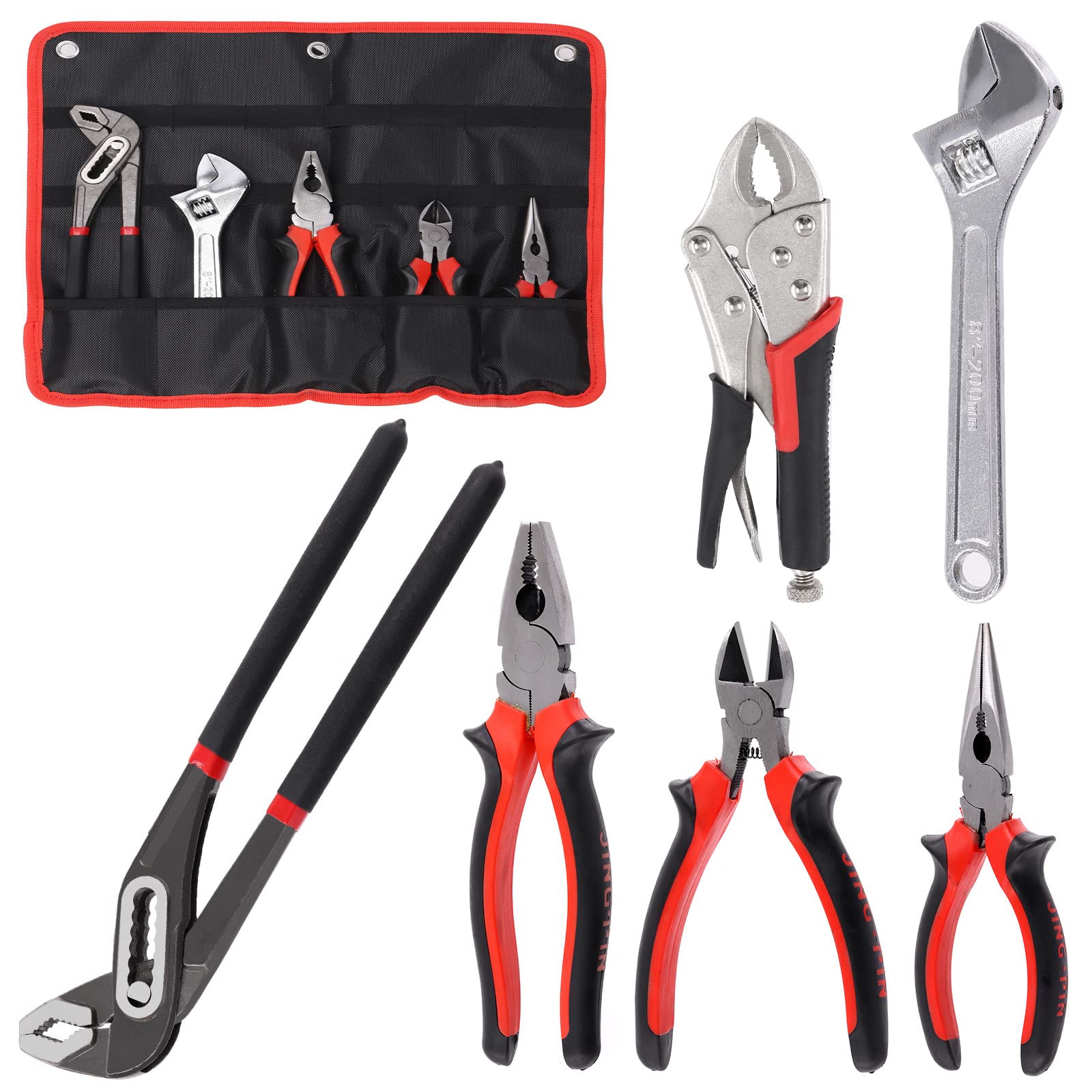 Tanstic 7Pcs Pliers Set, Including Groove Joint Pliers, Locking Pliers, Adjustable Wrench, Lineman's Plier, Diagonal Cutting Plier with Storage Pouch for Home Maintenance