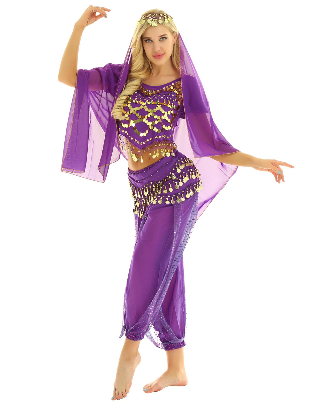 inlzdz Women Ladies 2PCs/4PCs Indian Dance Dress Belly Dance Outfits Halloween Fancy Dress Costumes Purple One Size
