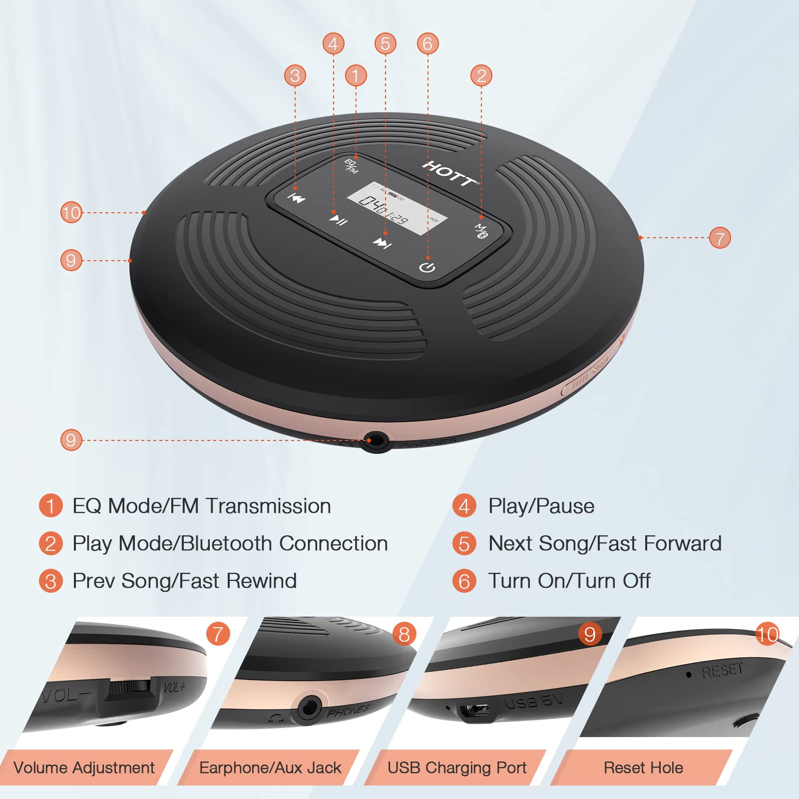 HOTT Portable CD Player with Bluetooth and FM Transmitter with Touch Buttons Backlight,Rechargeable Discman Player with AUX Cable,CD Player Shockproof for Car CD903TF