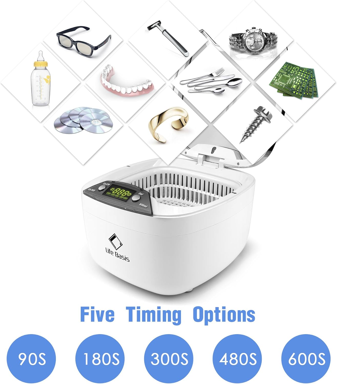 Ultrasonic Cleaner,LifeBasis 850ML Jewellery Cleaner with Basket Watch Stand CD Holder for Jewelry Glasses Watch CD Denture Coin Medal Parts Lab Tools Tattoo Tool Guin-ness Surger Can - Image 3