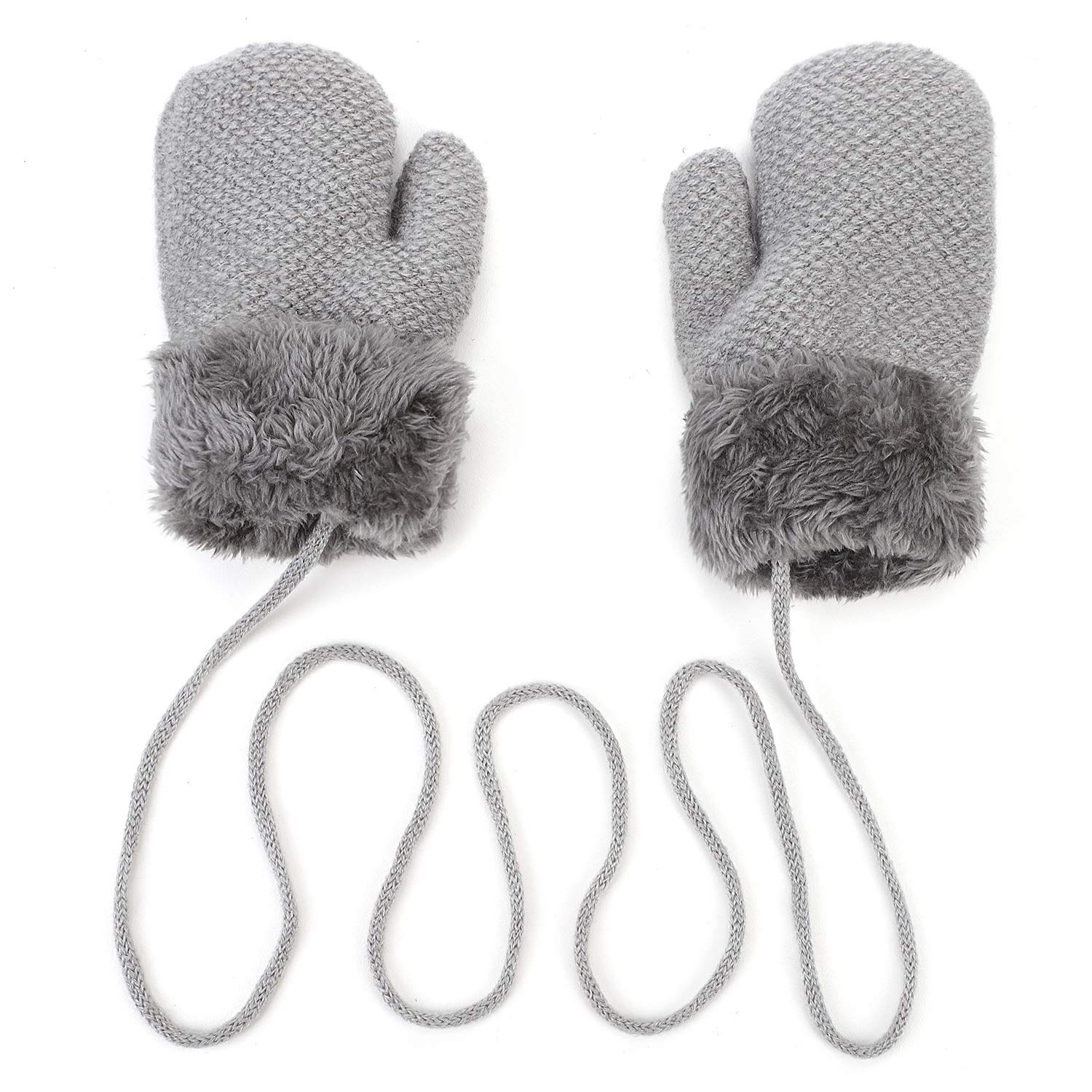 Toddlers Kids Knitted Gloves with String Baby Boys Girls Winter Warm Mittens Hanging Neck Full Finger Gloves Thicken Velvet Lining Mittens Birthday Xmas Gifts for Children Age 1-2