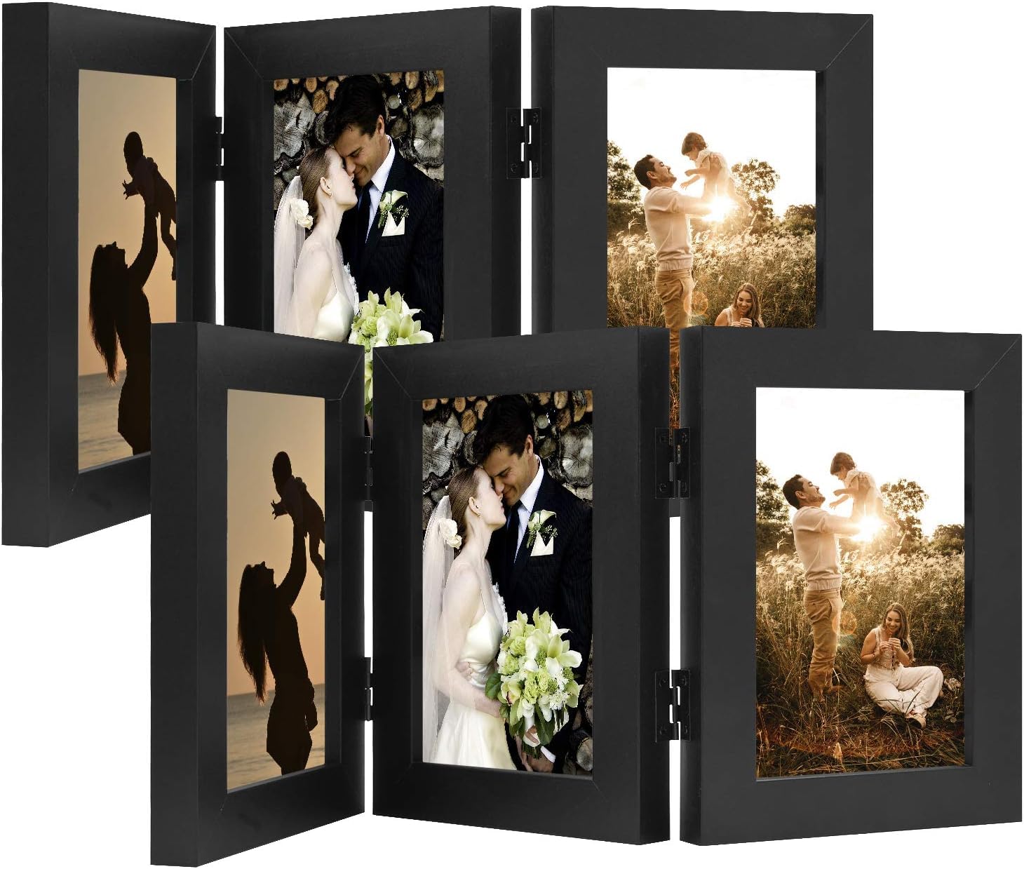 Golden State Art, 4x6 Three Picture Frame Trifold Hinged Photo Frame with 3 Openings, Desk Top Family Picture Collage, with Real Glass (4x6 Triple, Black, 2-Pack)