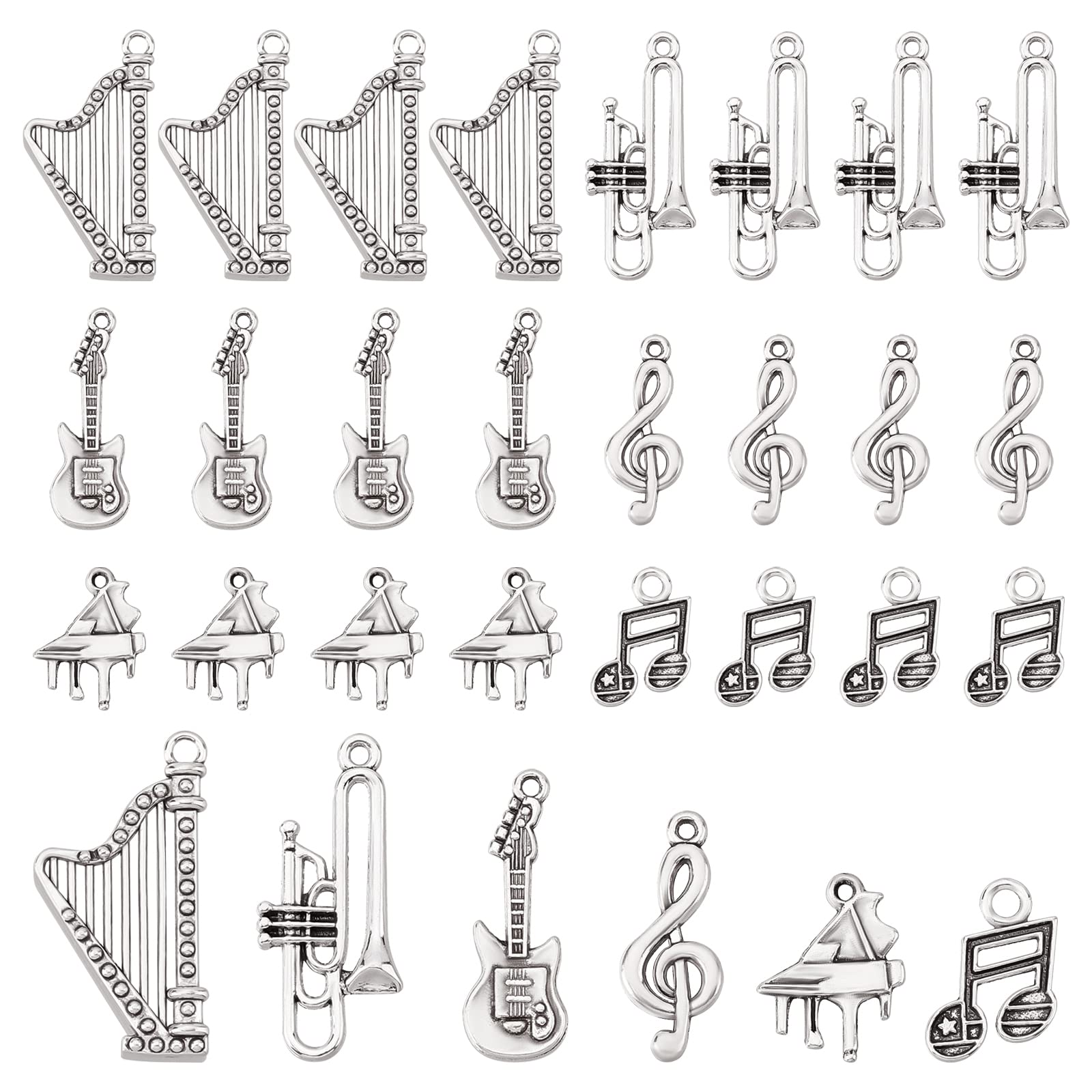 PH PandaHall 30 pcs Musical Instruments Tibetan Style Alloy Pendants with Hole for Jewellery Making, 17-35x10-16x1-2.5mm, Hole: 1-3mm, Antique Silver, 6 Styles