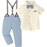 Toddler Boys Semi Formal Outfit 3pcs Sets Short Dress Shirt Suspender Pants Bow Tie for 1-5 Years