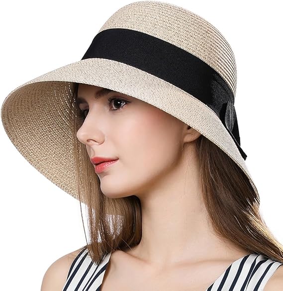 Packable Straw Panama Fedora Sun Hat for Small Head Women Beach SPF 50