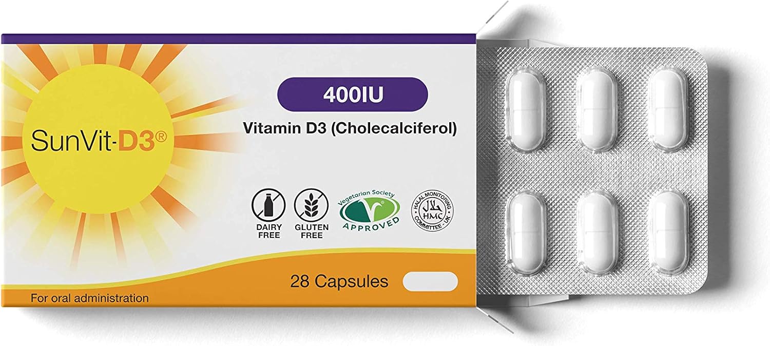 SunVit-D3 Vitamin D 400 IU Capsules - D3 Vitamin Cholecalciferol 28 Daily Vitamin D Capsules, Non, 1 count (Pack of 28)
