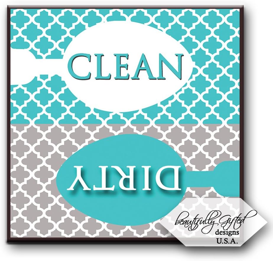 Clean Dirty Dishwasher Magnet Sign for Dishes - Elegant Quatrefoil Moroccan Trellis Modern Pattern - AQUA BLUE/GREY - 2.5 x 2.5 - Housewarming, Bridal Registry & Gag Gift Idea Stocking Stuffers