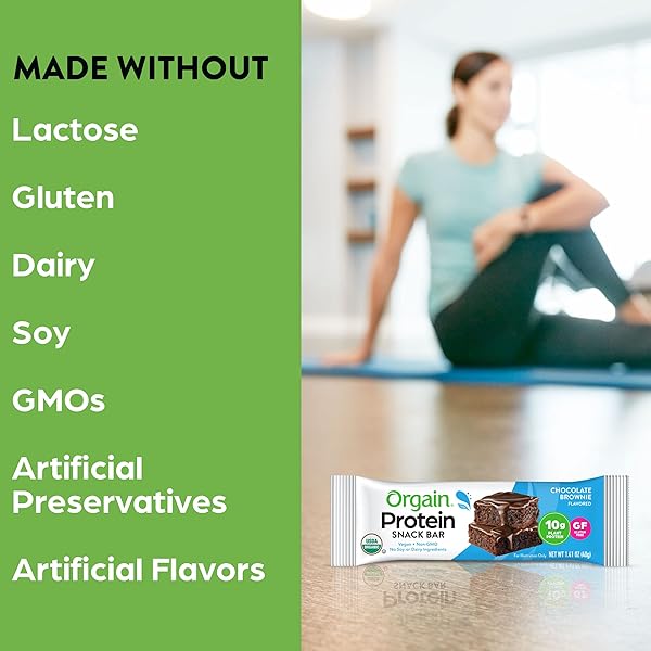 ORGAIN ORGANIC VEGAN PROTEIN BARS, CHOCOLATE BROWNIE – 10G PLANT BASED PROTEIN, LOW CALORIE HEALTHY SNACKS, NO LACTOSE OR SOY INGREDIENTS, GLUTEN FREE, NON-GMO – 1.41 OZ (PACK OF 12)
