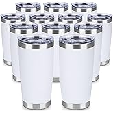 VQRRCKI 20 oz Tumbler Stainless Steel Tumblers Bulk with Lid Double Wall Insulated Coffee Tumbler Cups for Hot & Cold Drinks Powder Coated Travel Coffee Tumbler Mug Metal (White, 12 pack)