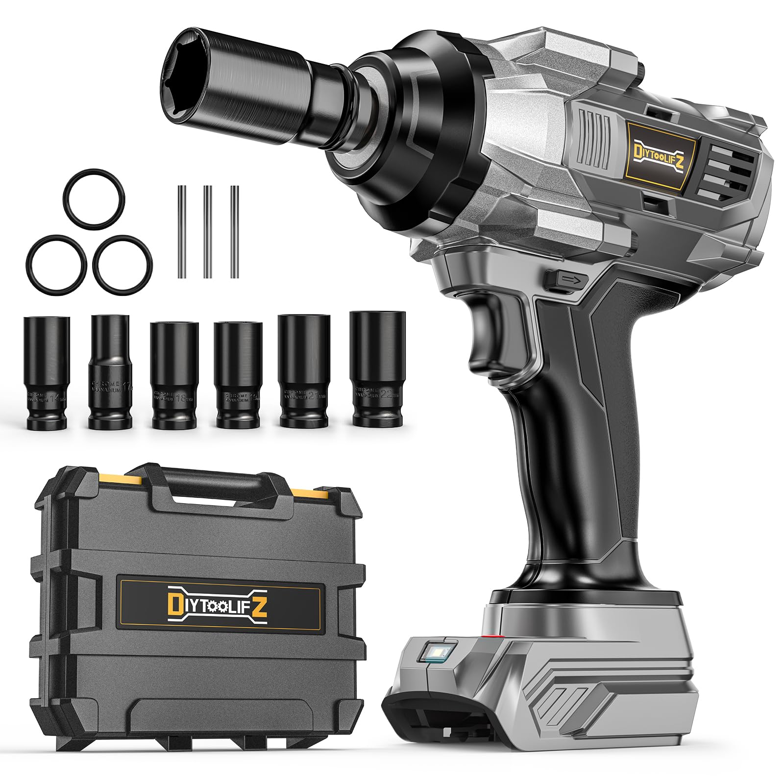 Photo 1 of DIYtoolifz Cordless Impact Wrench 1/2 inch for Dewalt 20v Battery, 1000FT-LBS(1360N.m) Brushless Electric Impact Gun, High Torque Power Impact Driver with 6Pcs Sockets & Storage Case (Tool Only)
