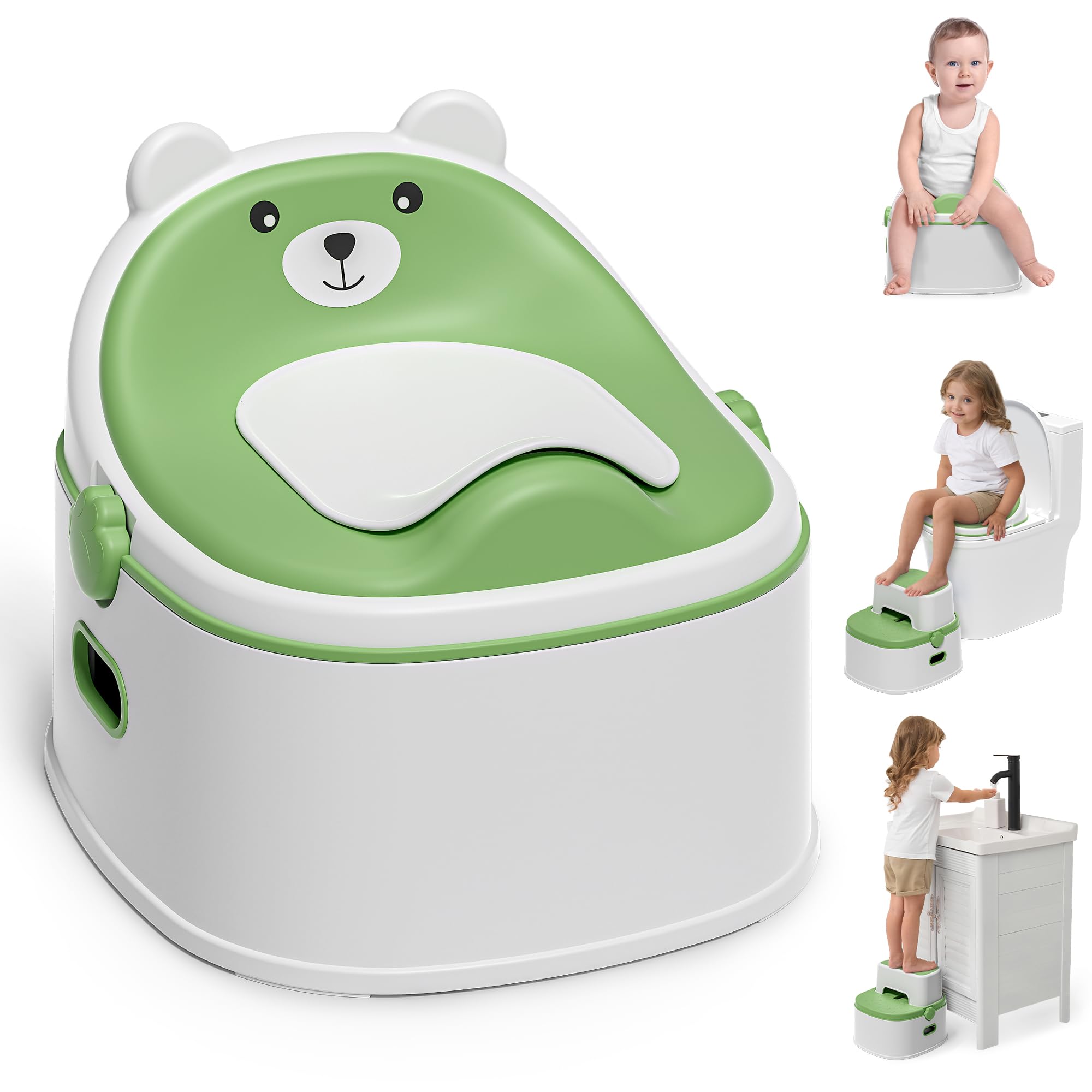 Photo 1 of 3-in-1 Potty Training Toilet, Portable Potty, Potty Training Seat and Toddler Step Stool, Easy Setup and Clean, Anti-Slip Toddler Potty Trainer for Boy Girl,Green