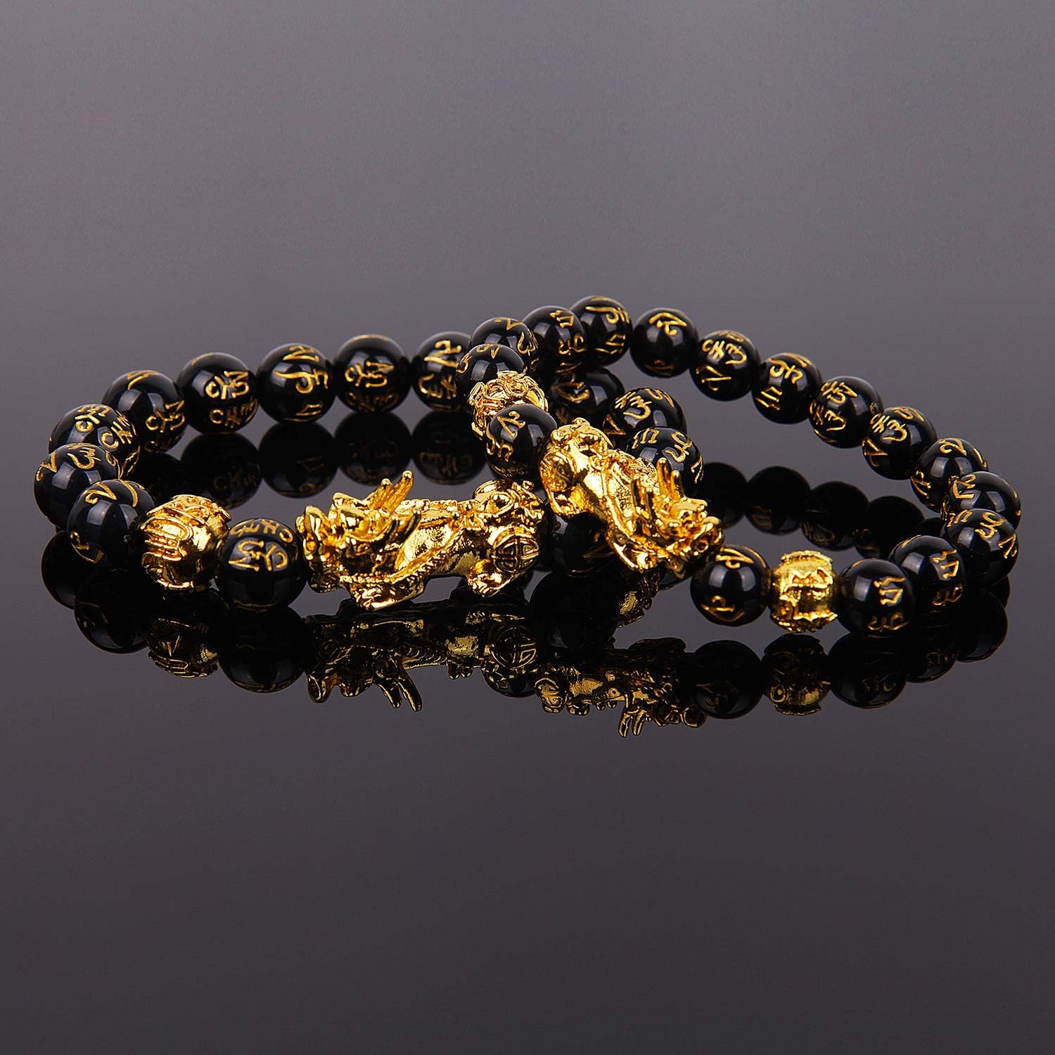 Goldenlight 2 Pcs Pi Xiu Bracelet Feng Shui Black Obsidian Wealth Bracelet for Women Men Adjustable Elastic: Clothing