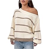 SOLY HUX Women's Off The Shoulder Striped Sweaters Knit Oversized Jumper Tops Pullover Multicolor Medium