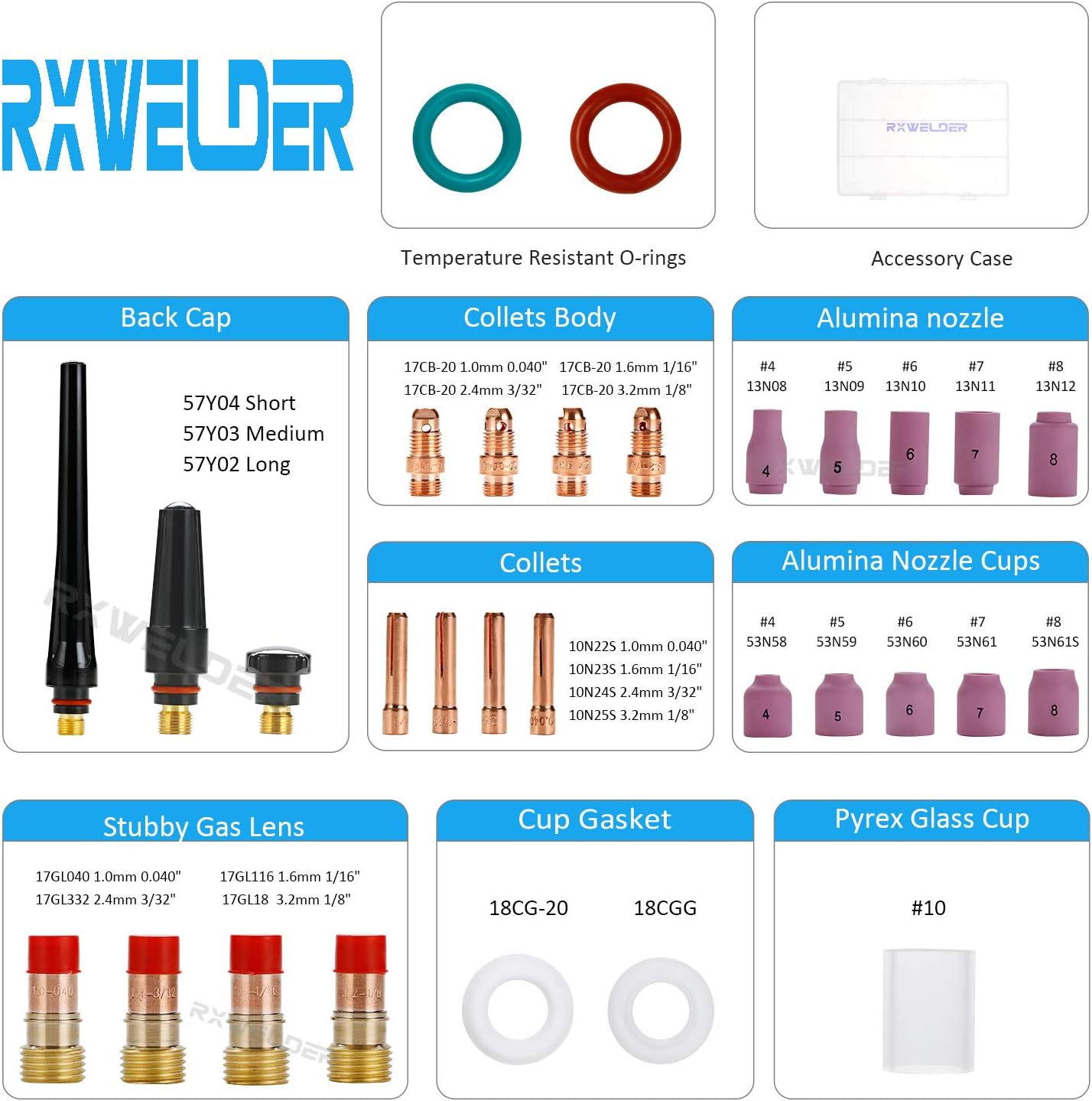 RX WELD 55PCS TIG Welding Torch Stubby Gas Lens #10 Pyrex Glass Cup Kit For WP-17/18/26 - - 