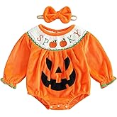 Lamuusaa Newborn Baby Girl Halloween Outfit Long Sleeve Spooky Embroidery Romper Pumpkin Bodysuit Headband Halloween Clothes