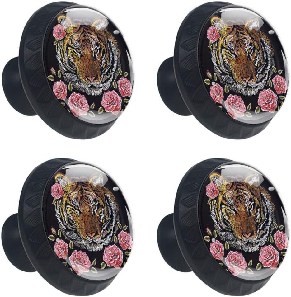 TIZORAX bestickte Tiger und Blumen Schublade Knöpfe Stoßgriffe 30mm 4