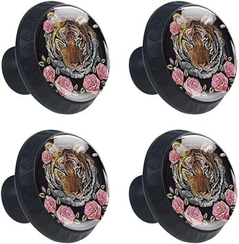 TIZORAX bestickte Tiger und Blumen Schublade Knöpfe Stoßgriffe 30mm 4