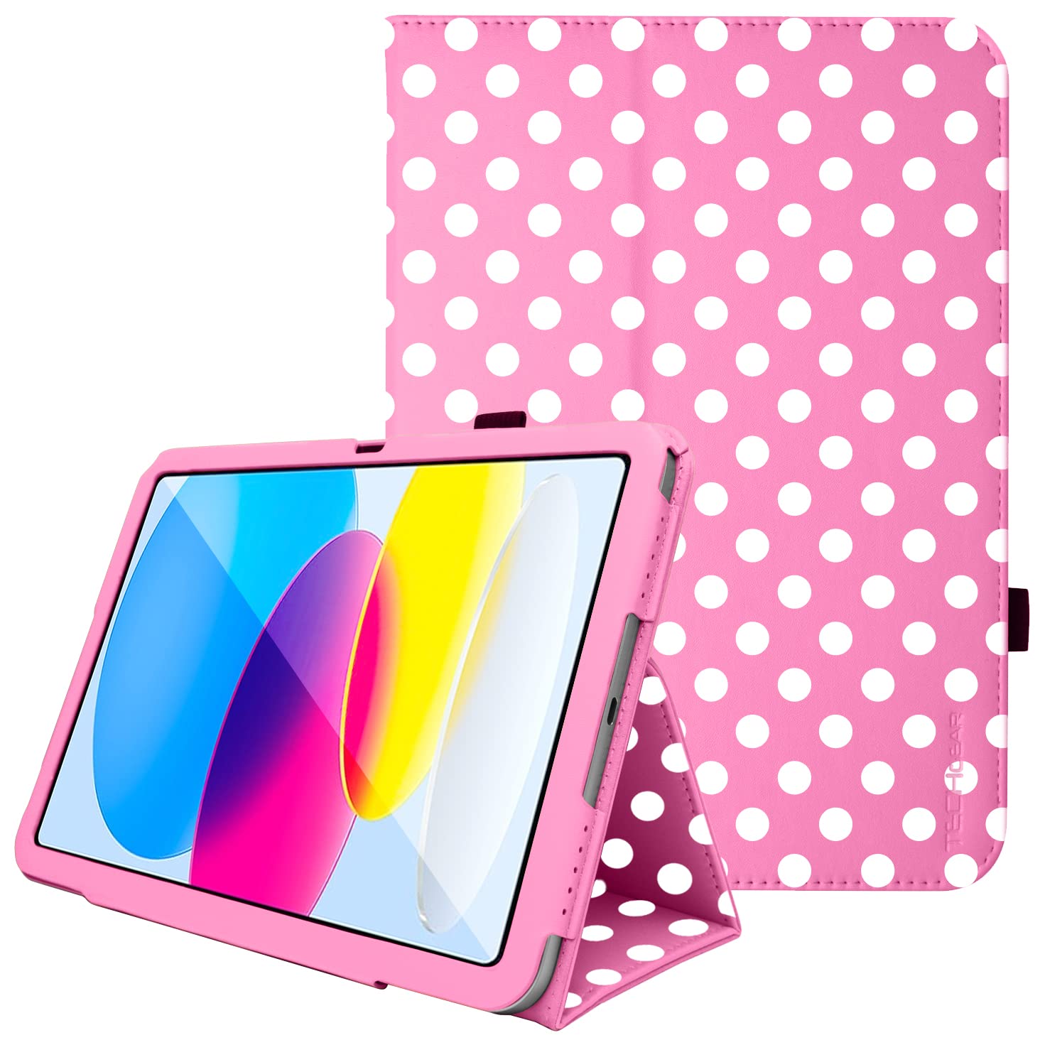 TECHGEAR Leather Case for Apple iPad 11th Gen (2025 A16) & 10th Gen (2022), PU Slim Folio Smart Cover with Stand, Hand Strap, Auto Sleep/Wake, for iPad 11" / iPad 10.9" [Pink Polka Dot] — image 1