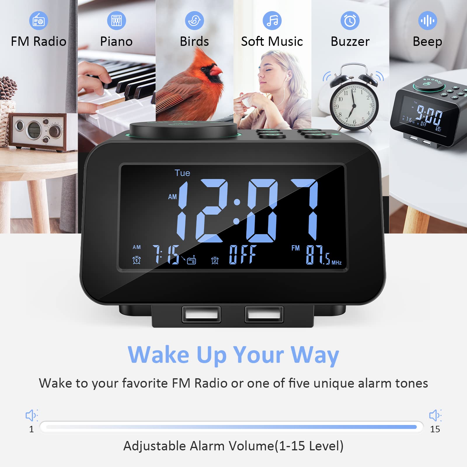 uscce Digital Dual Alarm Clock Radio - 0-100% Dimmer with Weekday/Weekend Mode, 6 Sounds Adjustable Volume, FM Radio w/Sleep Timer, Snooze, 2 USB Charging Ports, Thermometer, Battery Backup