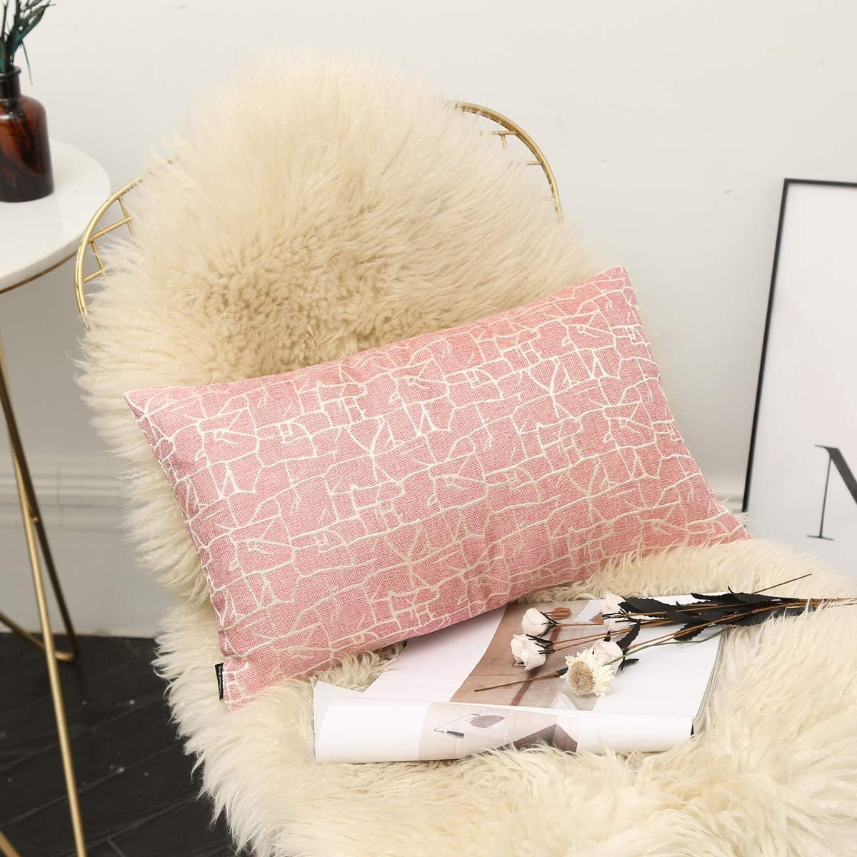 Redland Art Throw Pillow Covers Cotton Linen Embroidery Stripe Sofa Decorative Cushion Pillow Cases for Home Decor 12 X 20 Inch (Pink)