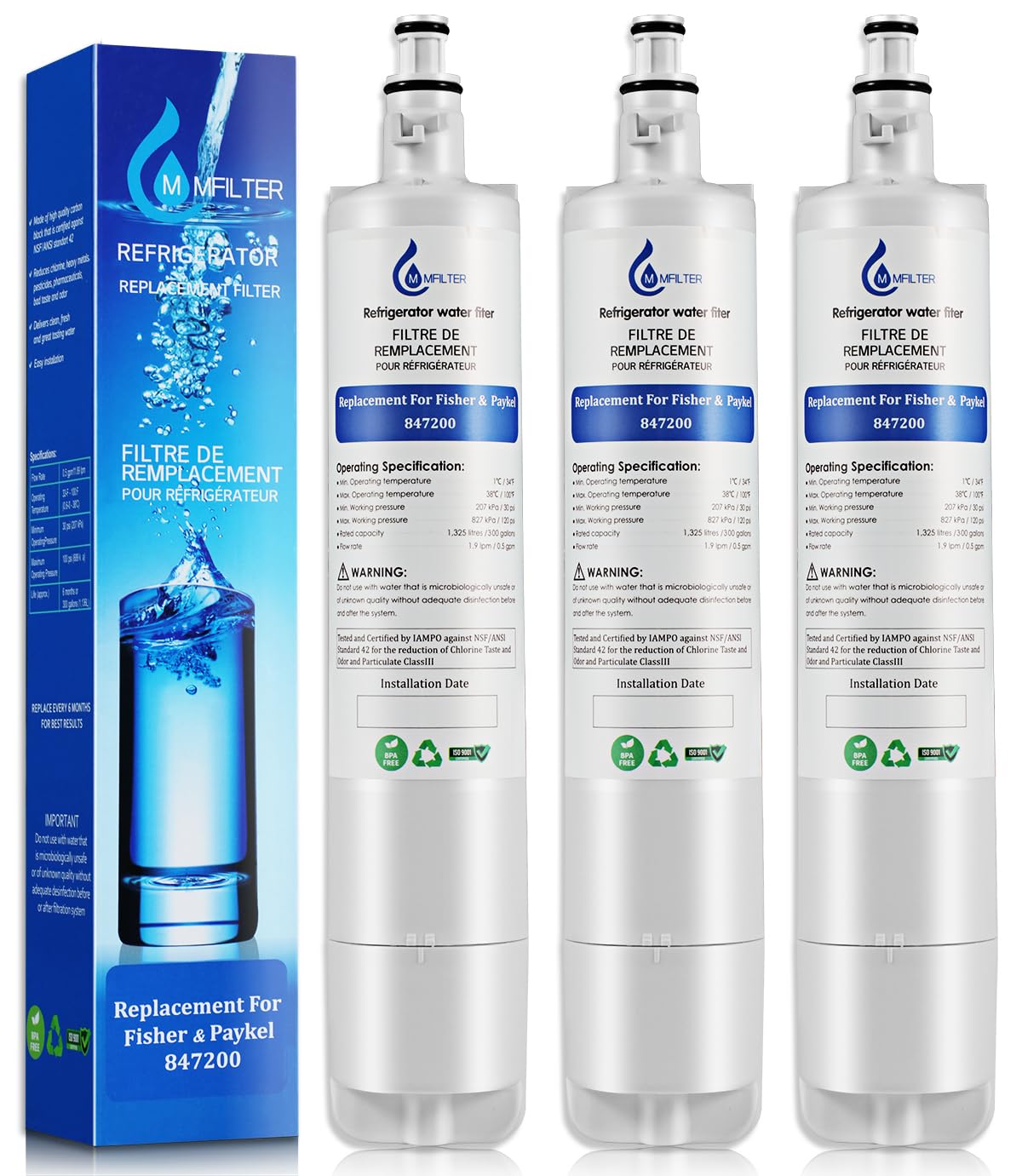 Photo 1 of MMFILTER 847200 Water Filter Replacement for Fisher & Paykel 847200, Compatible with Fisher & Paykel Refrigerator Model Number E522 E422 E402 (3-PACK)