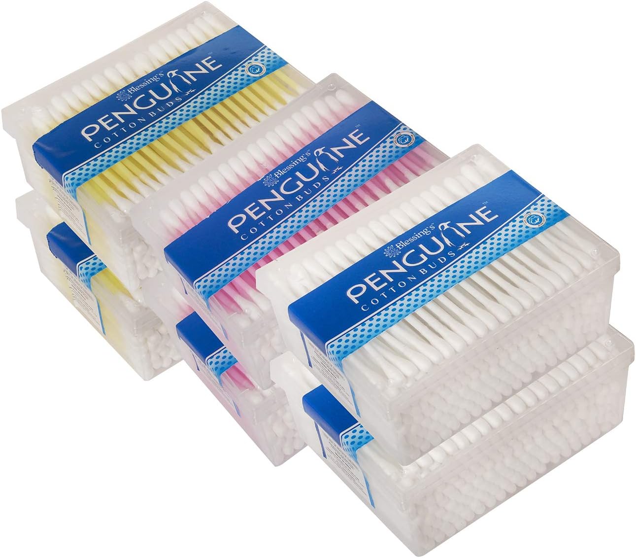 PENGUINE PREMIUM COTTON BUDS//COTTON SWABS//EAR BUDS ROUND BOX OF (SQUARE BOX-1200 STICKS-2400 SWABS-6 BOX)
