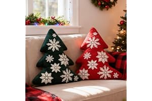Lanpn Christmas Tree Pillows Set of 2, Christmas Decoration Winter Soft Cute 3D Shaped Xmas Tree Throw Cushion with Snowflake for Sofa Bedroom Xmas Decor (16x18 inch, Red & Green)