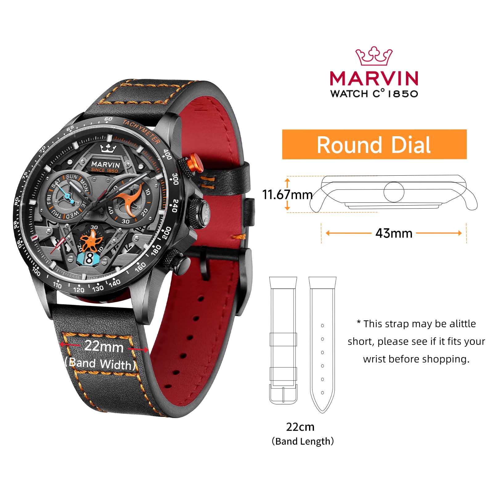marvin Chronograph Watches for Men Swiss Mens Watch Luxury Men's Wrist Watches with Leather Strap and Weekday,Hour,Date Dial,Quartz Movement,Stainless Steel Case, Luminous,50M Waterproof