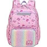 BrainyBees Kids Backpack for Girls Kindergarten - 15 Inch Lightweight School Bookbag fits Folder, Backpack for Kids 4-7 with Chest Strap & Insulated Pocket, Pink Butterfly