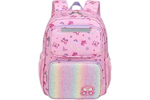 BrainyBees Kids Backpack for Girls - 15 Inch Backpack for Kids 3 to 8, Lightweight Bookbag for Preschool Kindergarten Elementary School, Insulated Pocket, Safe Reflective Stripe, Pink Butterfly