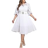 IWFEV Plus Size Dress Puff Sleeve Lace Pleated Dress Short Sleeve Plus Size Midi Dress Hollow Party Evening Dress