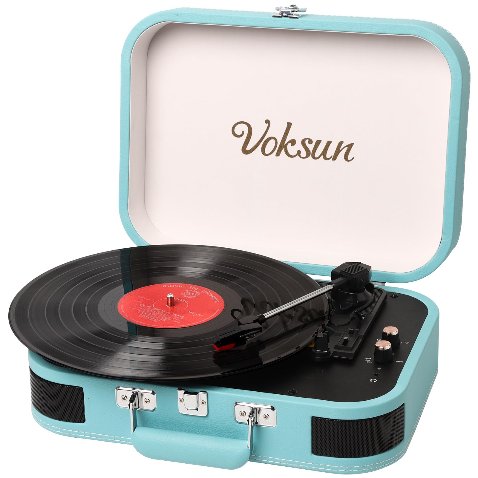 VOKSUN Portable Record Player, Vintage Vinyl Player Suitcase with Built-in Speakers & Bluetooth, 3-Speed Belt-Drive Turntable, Supports MP3 Recording via USB, AUX/RCA/Headphone Jack,Blue