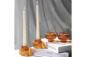 Woho Candlestick Holders Set of 4, Amber Votive Candle Holders for Fall Wedding Table Centerpiece, Ribbed Glass Taper Candle Holders for Dinner Party Halloween Thanksgiving Decor