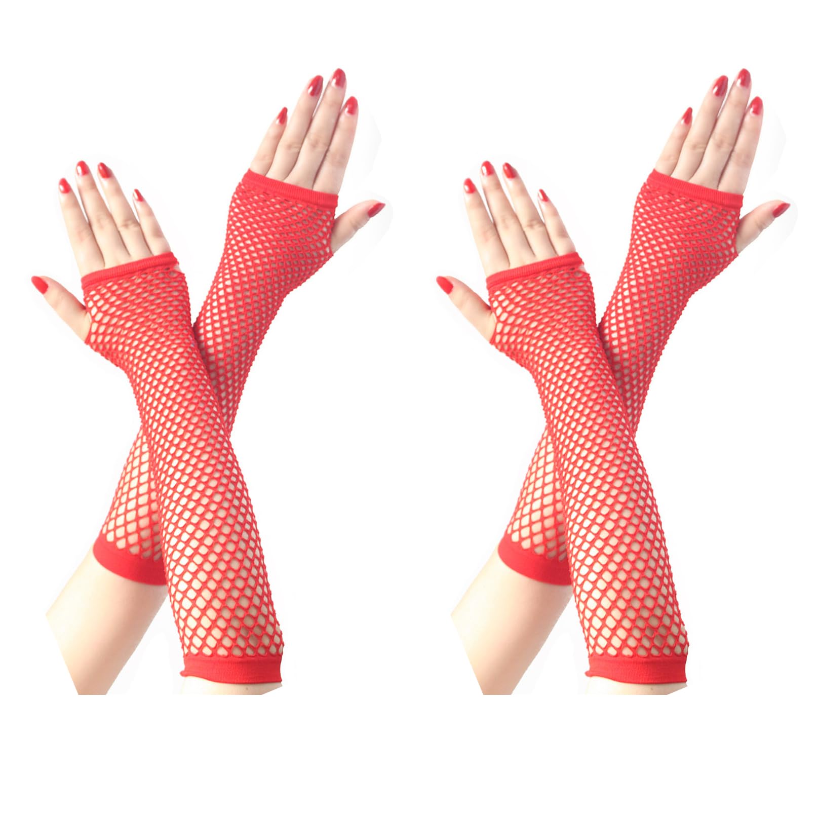 COSFAN 2 Pairs Fishnet Gloves Women Fingerless Long Gloves Elastic Mesh Glove 1920s Hollow Gloves for Evening Party Halloween (Red)