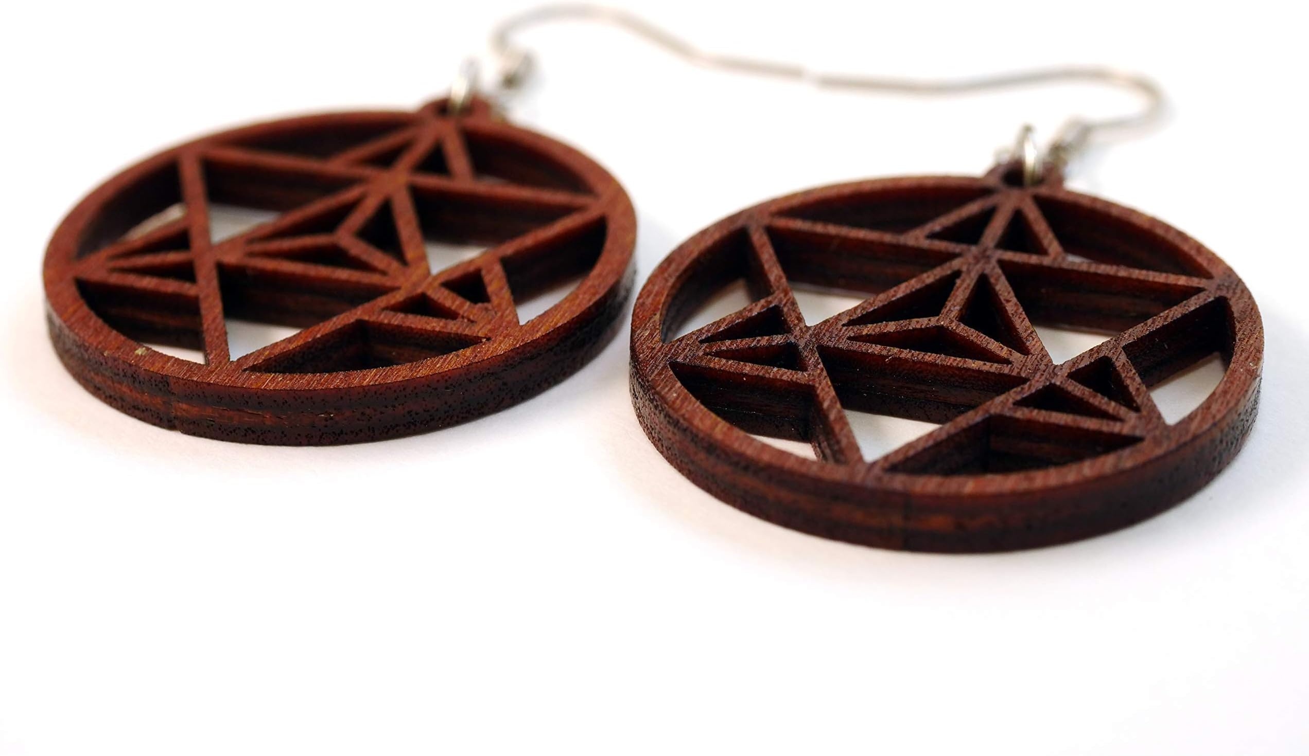 Wooden Hoops Earrings Star Tetrahedron, Sacred Geometry Artwork,0g, Hypoallergenic Hooks, Tantra Gifts