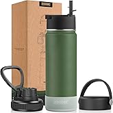 koodee 22 oz Water Bottle Stainless Steel Double Wall Vacuum Insulated Sports Water Bottle with 3 Lids-Reusable Metal Wide Mouth Water Flask, BPA Free (Grass Green)