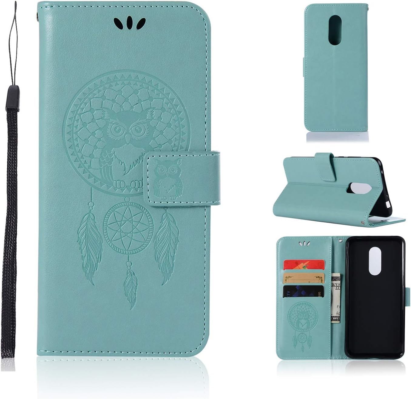 Quanqiugou Cell Phone Basic Cases Owl Embossed Pattern Cover Case PU Leather Wallet Case for Xiaomi Redmi 5 Plus (Color : Green)