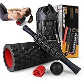 5 in1 Foam Roller Set, Trigger Point Foam Roller, Massage Roller Stick, Massage Ball, Resistance Band for Deep Muscle Massage Pilates Yoga,Fitness Exercise for Whole Body (Black-Red)
