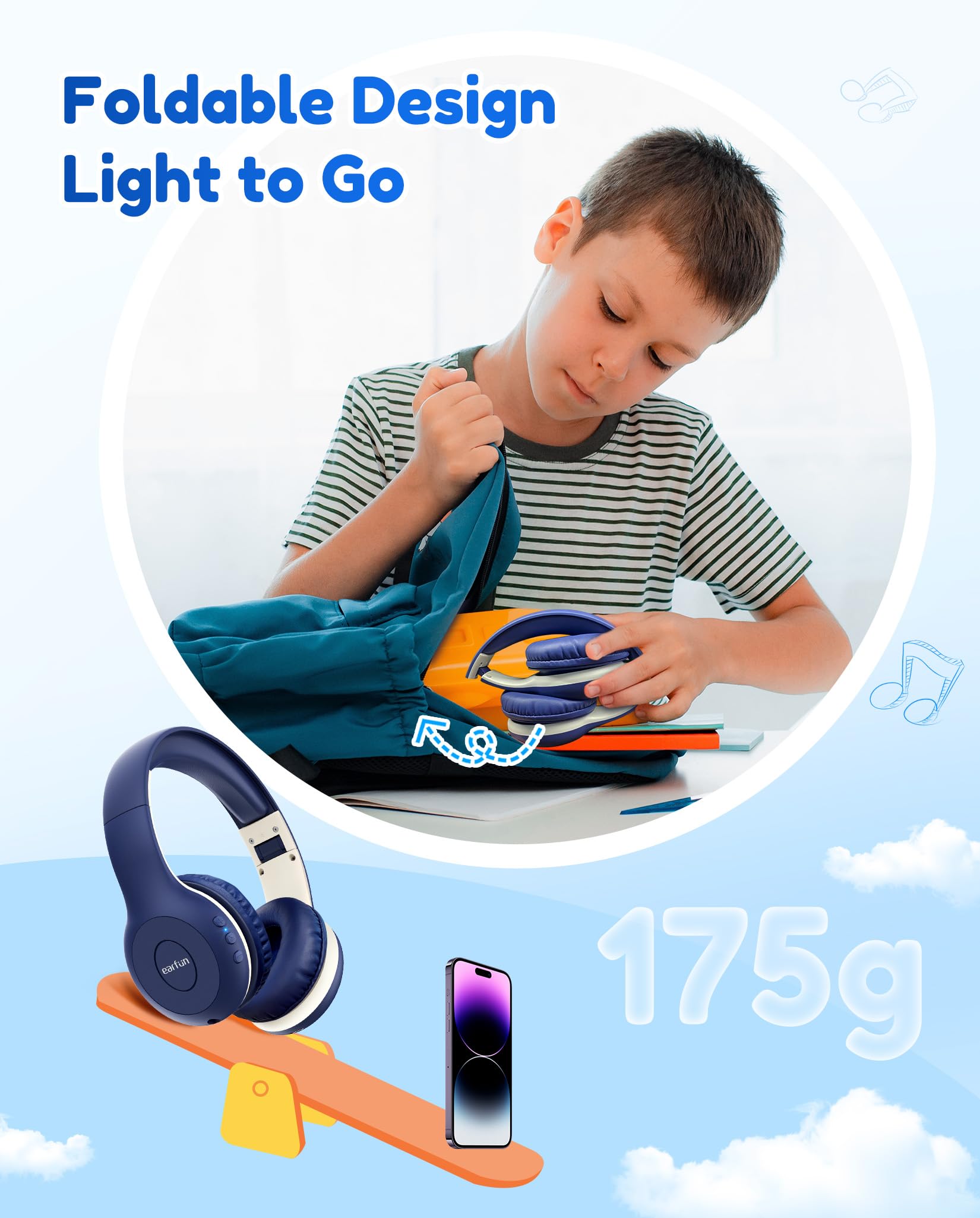 EarFun K2 Kids Bluetooth Headphones, Kids Headphones with Volume Limited, 40H Playtime, Built-in Mic, Stereo Sound, Foldable Over-Ear Headphone for School/Travel/iPad/Tablet, Blue