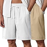 Ficerd 2 Pack Men's Linen Shorts Casual Elastic Waist Drawstring Stretch Summer Beach Vacation Wear with Pockets