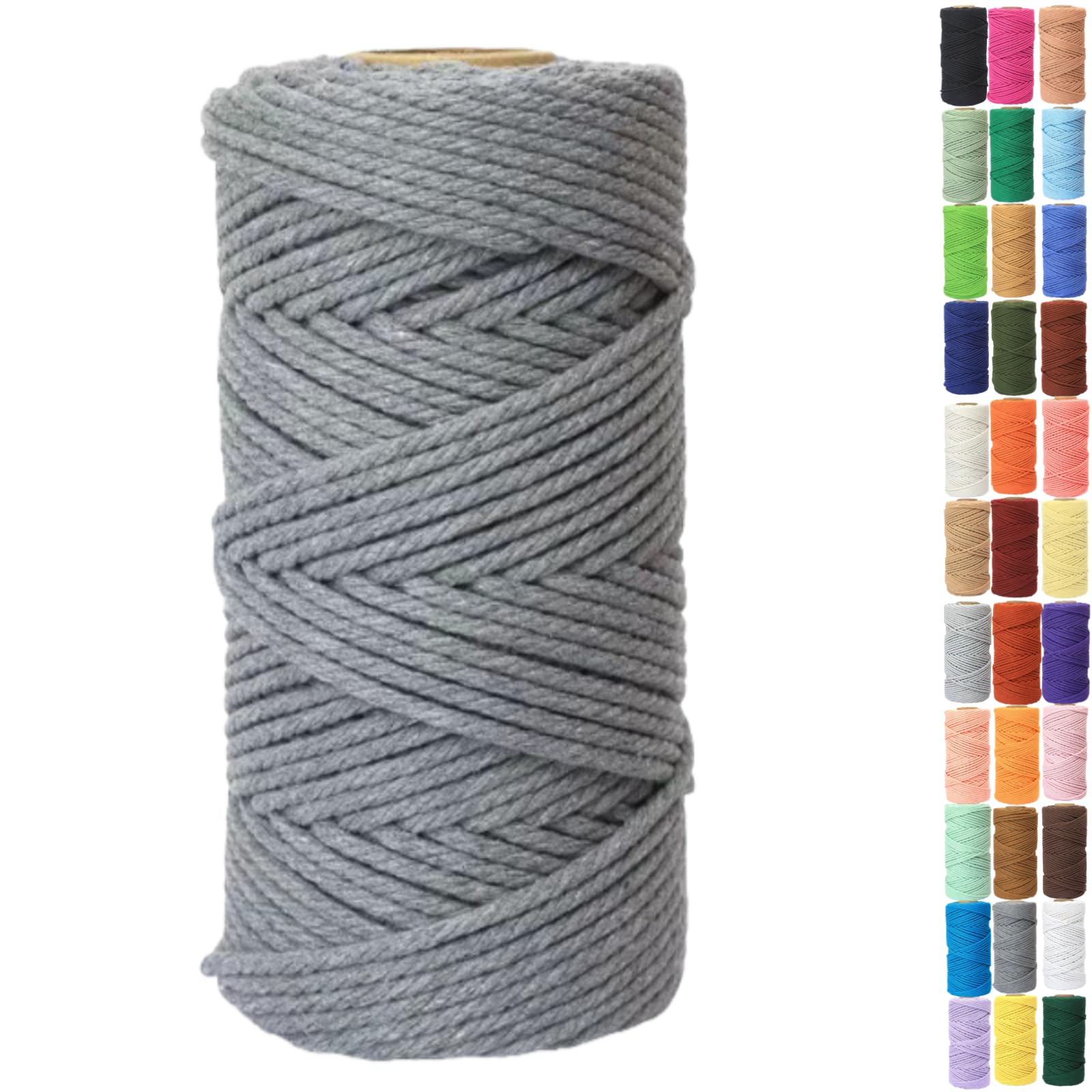 Binwat Macrame Cord Thick Natural Cotton Cord DIY Crafts Yarn Thread Twisted Spool Twine String Cotton Rope for Wall Hanging,Plant Hangers,Knitting,Decorative Projects 4mm x100m (Grey)